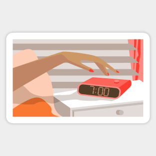 Womans hand pushing on alarm clock snooze button Sticker